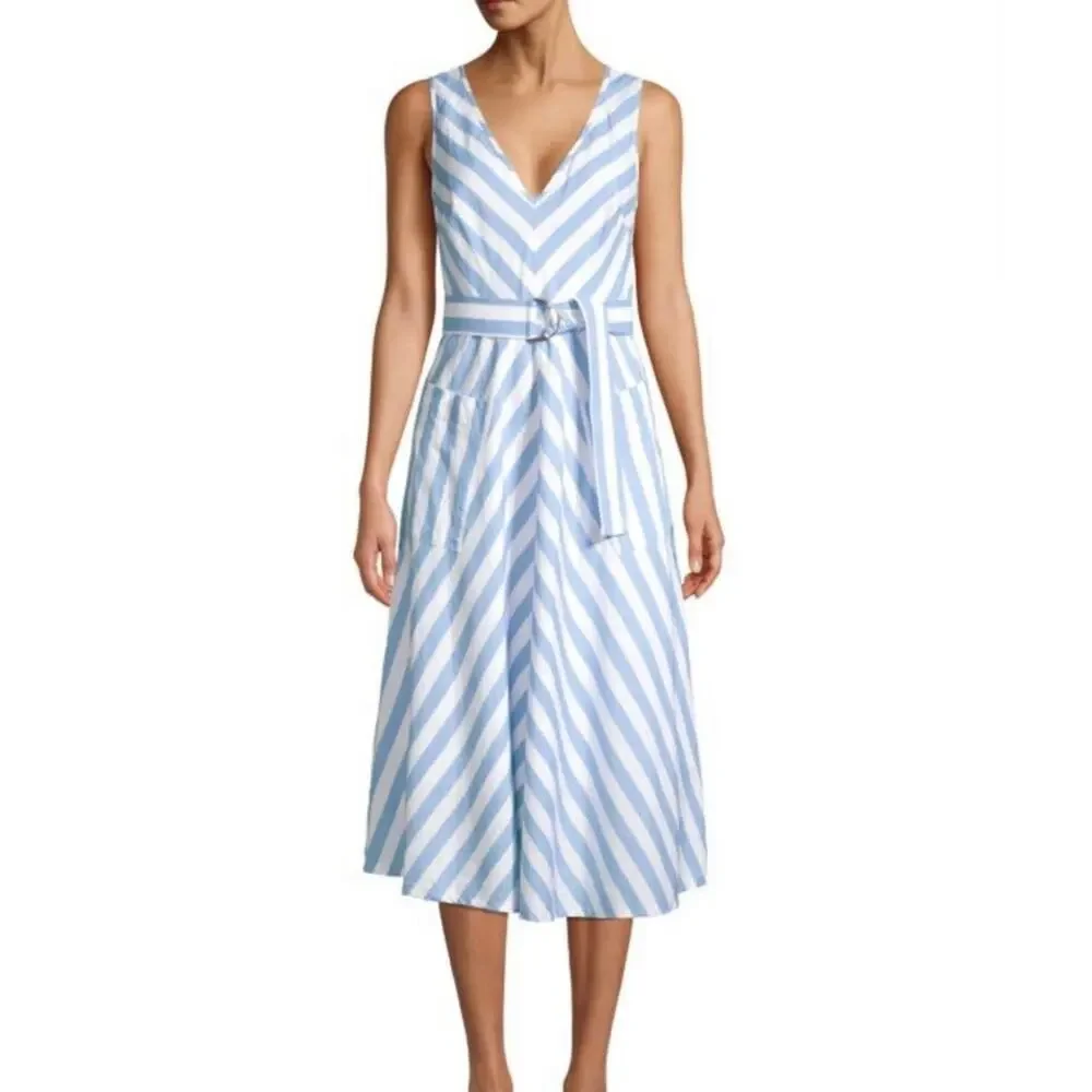 Kate Spade Deck Blue White Stripe Linen Blend V Neck Midi Dress Blue SIZE 8